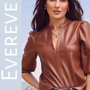 Evereve Ryann Faux Leather Puff 3/4 Sleeve Blouse Split V Neckline Cognac Medium